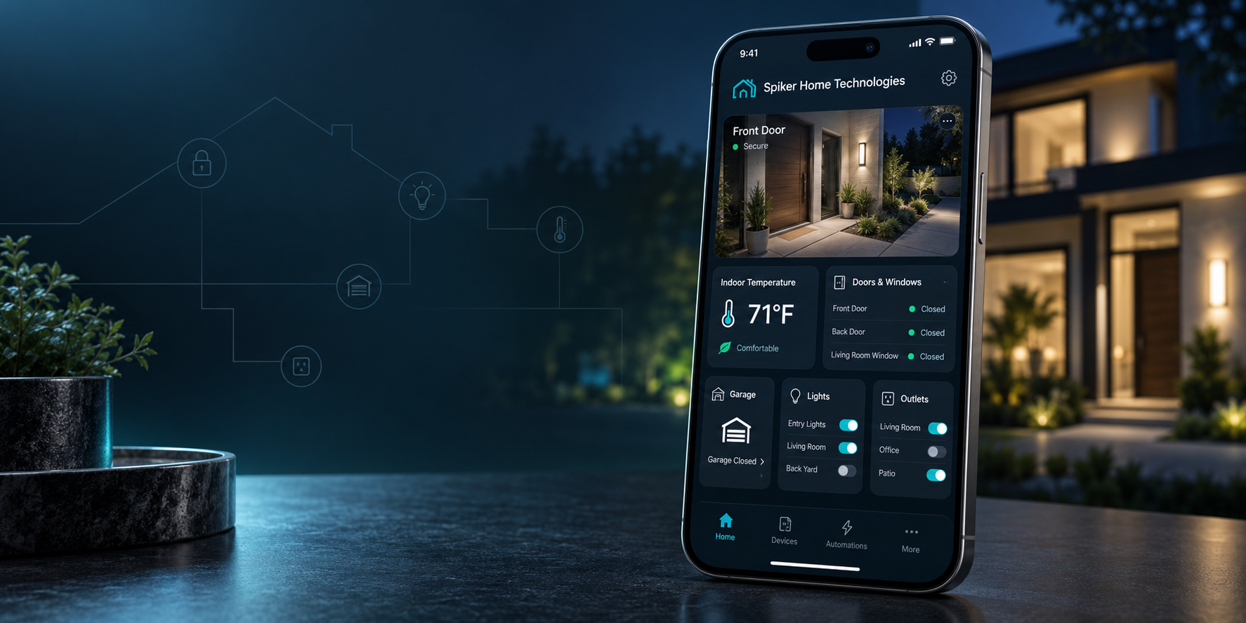 Spiker Home Technologies mobile dashboard showing a front-door camera, temperature, door and window sensors, garage, lights, and outlets
